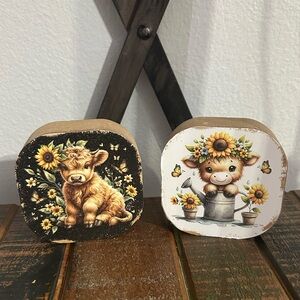 Hobby Lobby Highland Cow And Sunflowers Wood Decor Set Shelf Sitters Spring NEW
